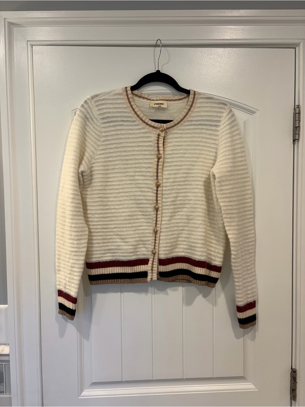 L'AGENCE Cream Textured Open Cardigan with Red and Black Stripe Accents - Picture 3 of 4
